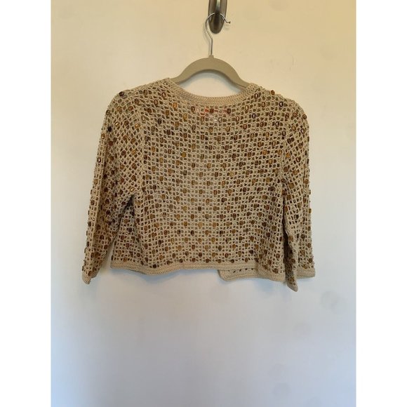 Vtg Y2K Cottage Core Ecru Crochet Gem Beaded Open shrug Cardigan Broach Clasp - Picture 7 of 10